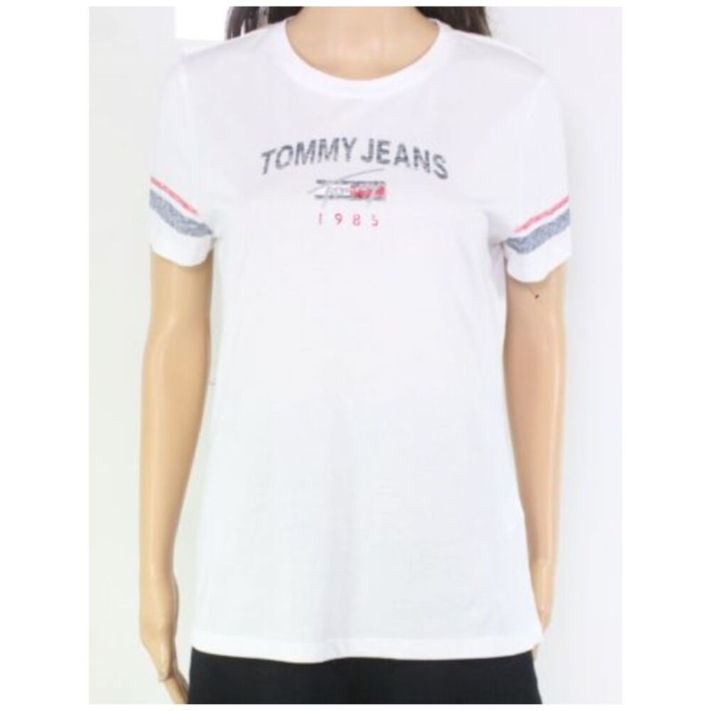TOMMY JEANS Womens White Logo Graphic Short Sleeve Crew Neck T-Shirt XXS